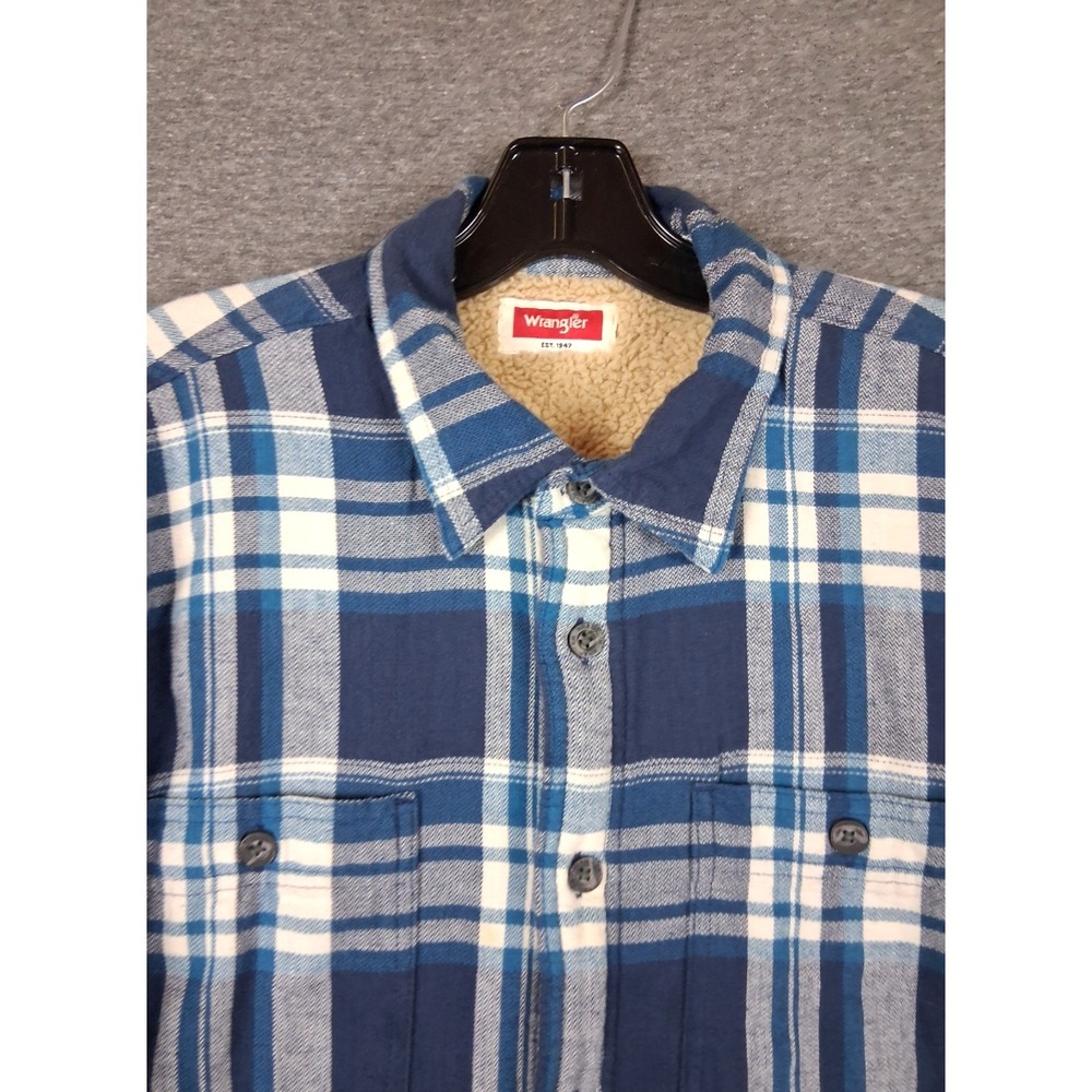 Wrangler Mens Jacket L Blue Plaid Flannel Fleece Lined Shacket Work Chore PNW